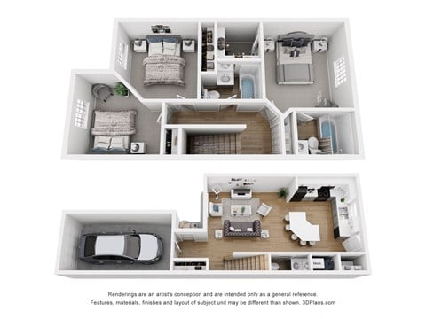 Floor plan for 3 beds, 2.5 baths, 1125 sqft